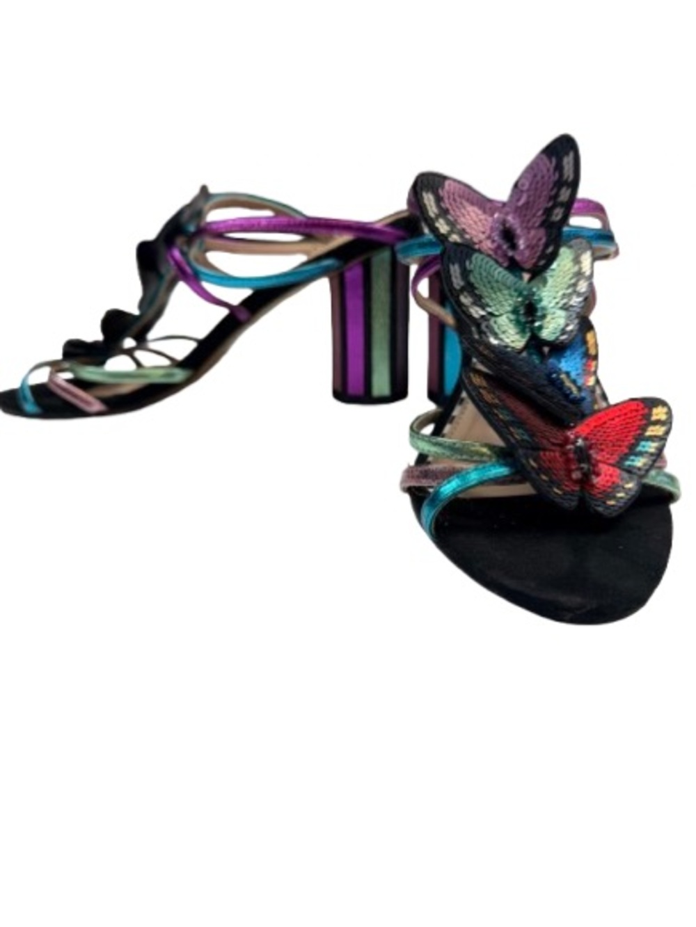 Betsey Johnson Manny Butterfly Heels Rainbow Sequin Strappy Sandals Sz 8